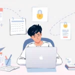 Une illustration montrant une personne à un bureau avec un ordinateur portable, symbolisant l'achat sécurisé d'un nom de domaine.