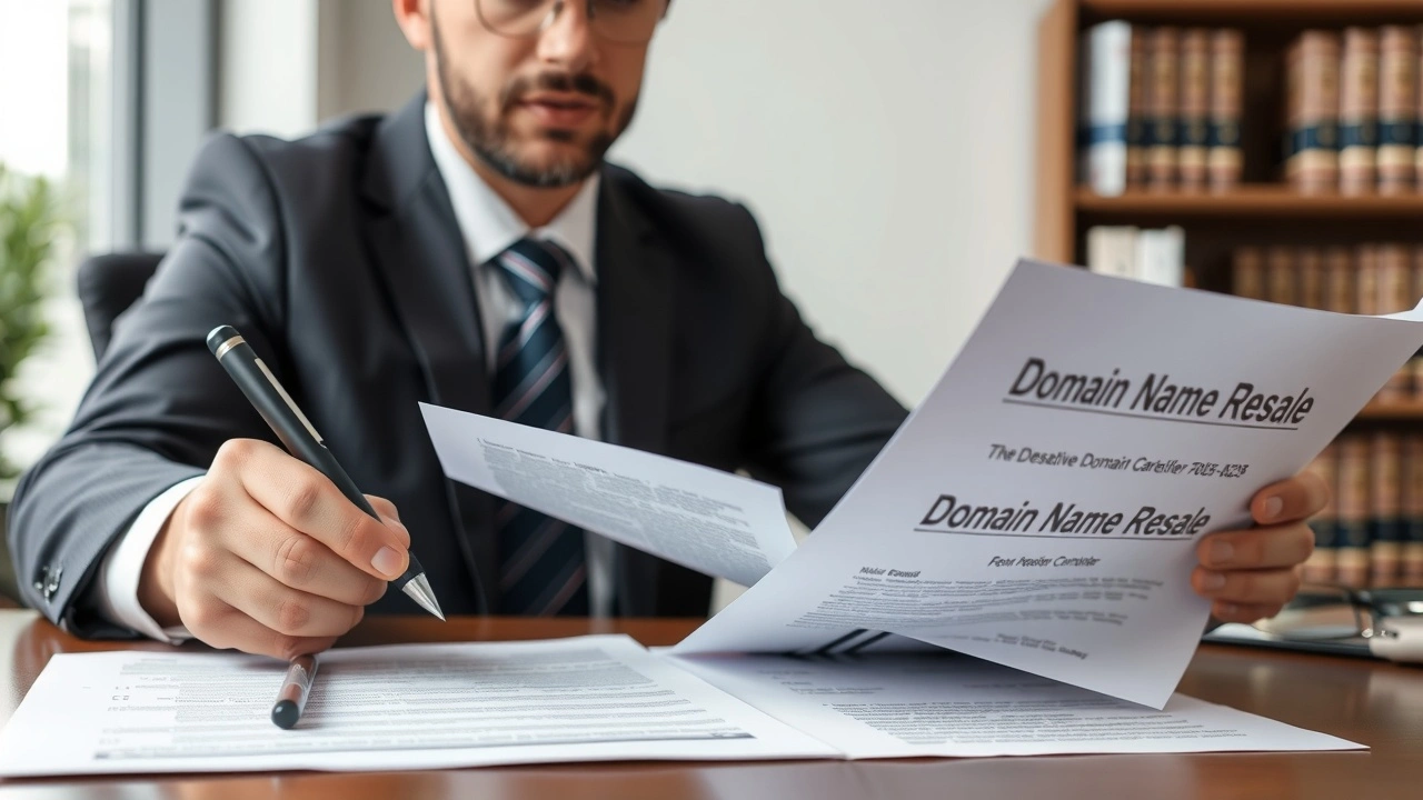 avocat examinant des documents juridiques sur la revente de domaine