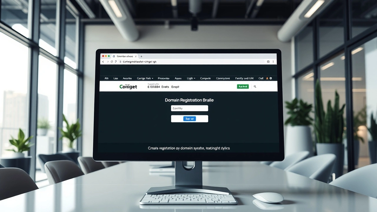 bureau avec un ordinateur affichant une page de registration de domaine