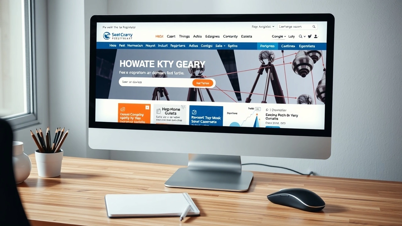 bureau avec un ordinateur affichant des sites de registraire de domaine