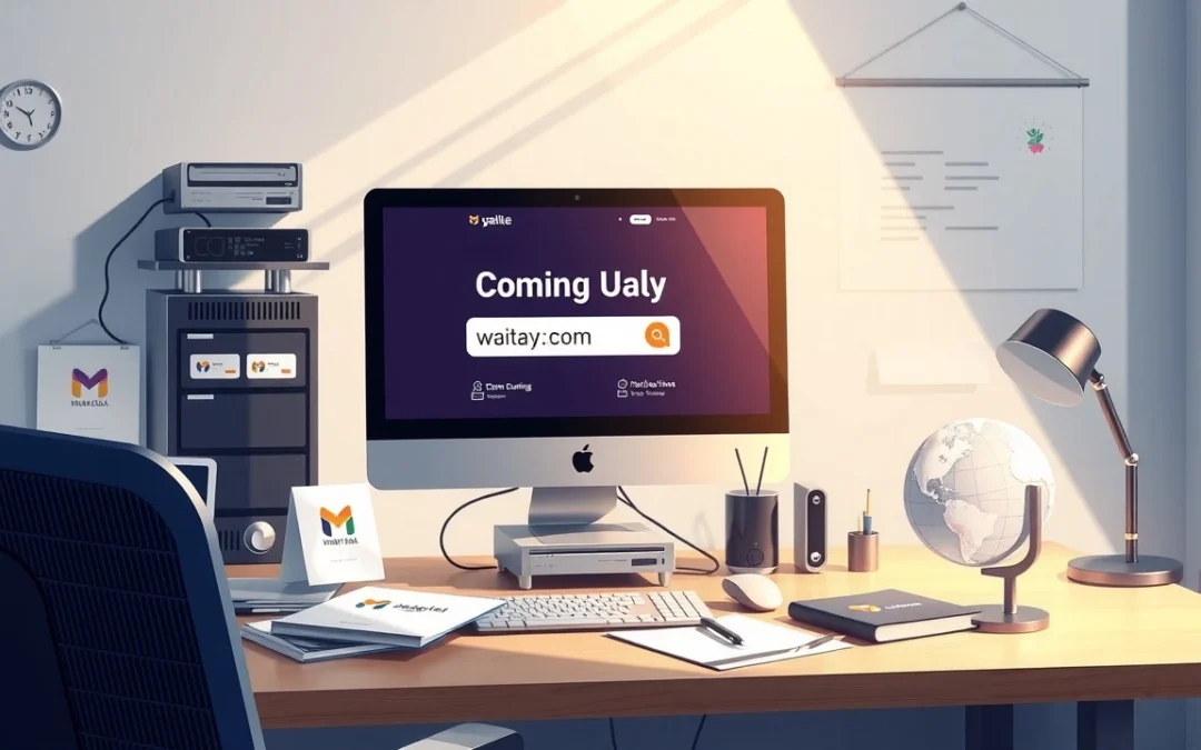 Illustration d'un bureau moderne avec un ordinateur montrant un site web, symbolisant la création et la gestion d'un nom de domaine.