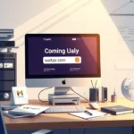 Illustration d'un bureau moderne avec un ordinateur montrant un site web, symbolisant la création et la gestion d'un nom de domaine.