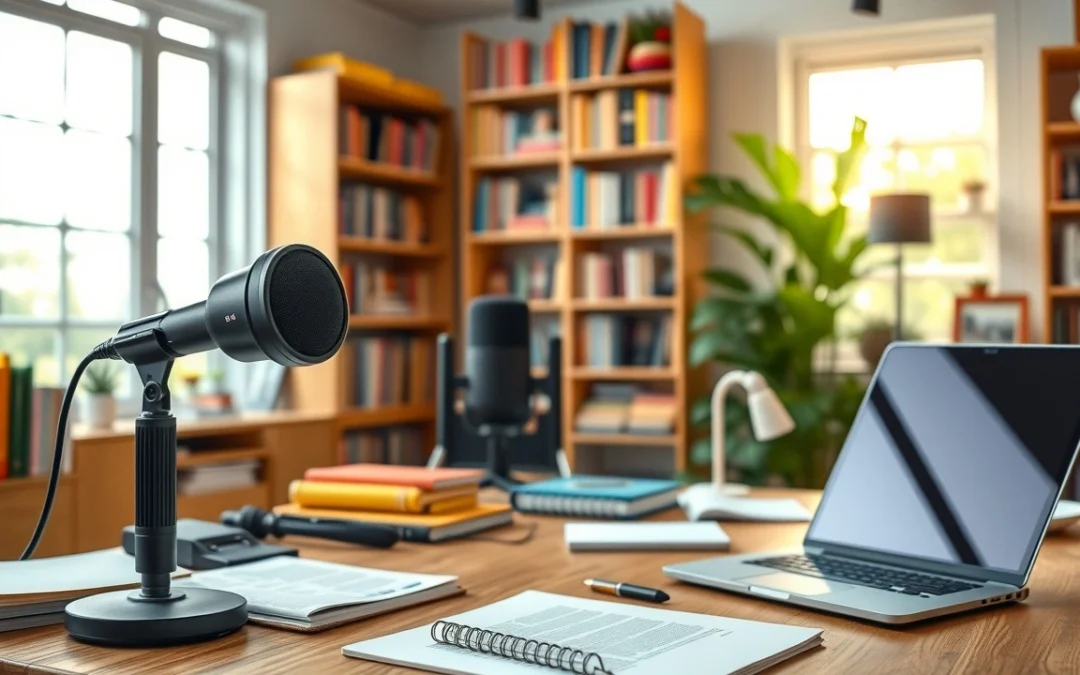 Bureau moderne de podcasting avec microphone et ordinateur