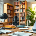 Bureau moderne de podcasting avec microphone et ordinateur