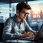 Une personne travaillant sur un ordinateur portable dans un bureau moderne, entourée d'écrans affichant des stratégies de contenu viral.