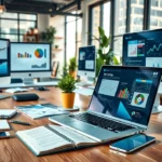 Un bureau moderne et vibrant pour les entrepreneurs avec des outils numériques.