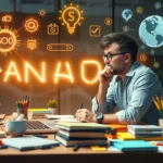 Une personne réfléchissant à un nom de domaine sur un bureau moderne, entourée de matériel créatif et de symboles du numérique.