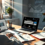 Une personne réfléchissant à des noms de domaine dans un bureau moderne.