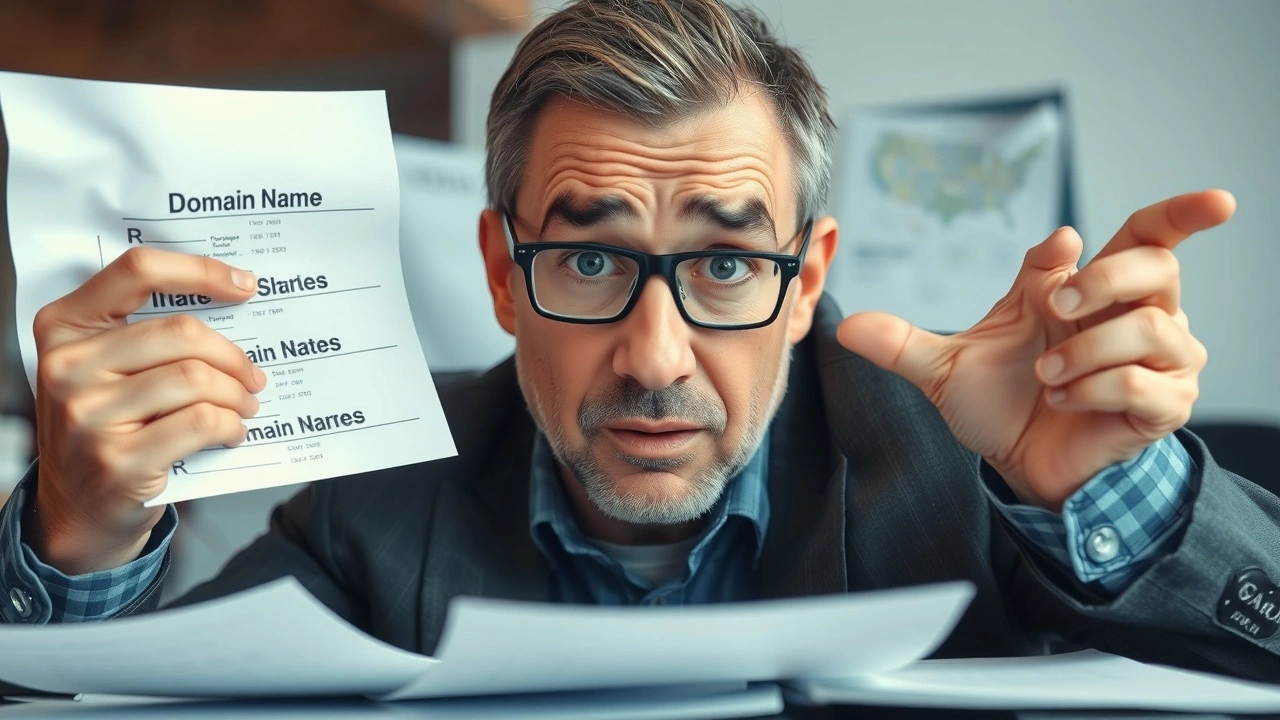 person perplexe avec des documents de noms de domaine