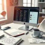 Une image illustrant un espace de travail moderne mettant en avant le choix d'un nom de domaine.