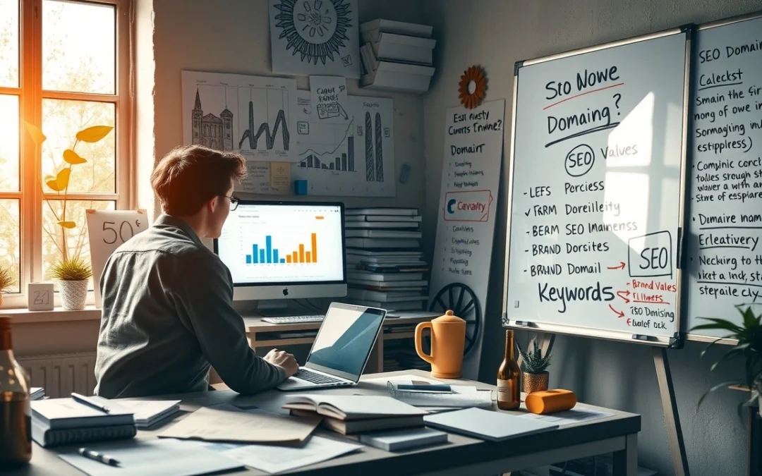 Un espace de travail créatif avec une personne réfléchissant aux noms de domaine en lien avec les valeurs de marque et le SEO.