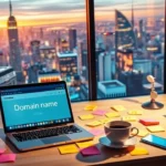 Un espace de travail numérique avec une personne réfléchissant à un nom de domaine.
