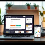 Un espace de travail numérique moderne illustrant l'achat et la gestion de noms de domaine avec des outils innovants.