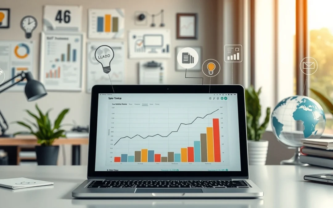 Une scène moderne illustrant des éléments de la présence en ligne et du SEO dans un environnement de travail.