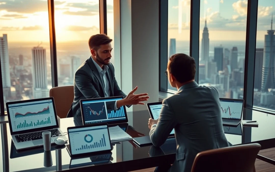 Une image illustrant une négociation de nom de domaine dans un bureau moderne.