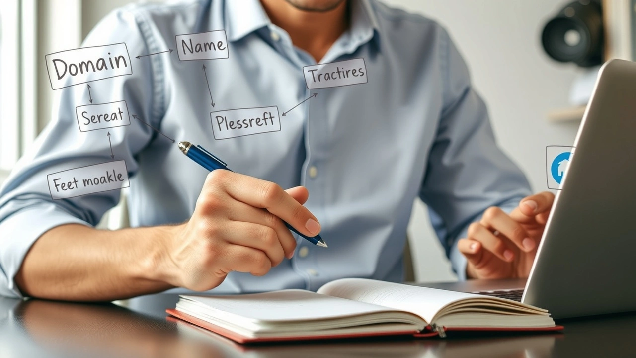 person avec un ordinateur et un carnet brainstormant des noms de domaine