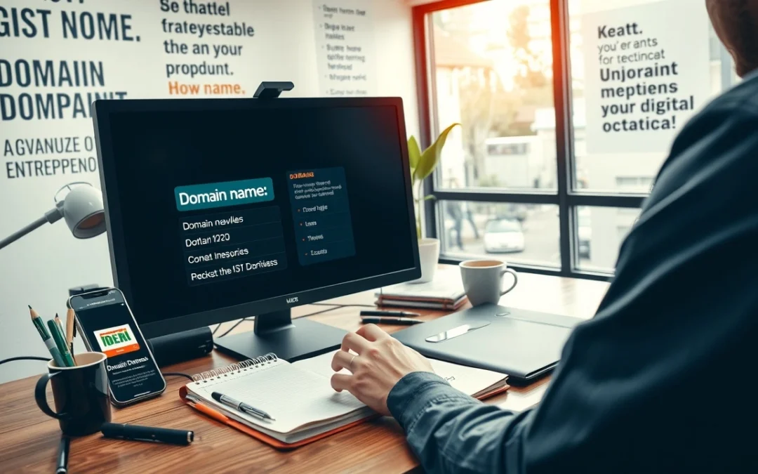 Une illustration réaliste d'une scène de bureau avec une personne analysant des options de noms de domaine sur un ordinateur.