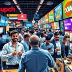Une scène de marché numérique animé où des personnes achètent et vendent des noms de domaine.