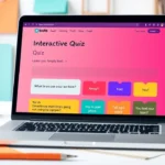Image d'un site de quiz interactif sur un ordinateur portable dans un bureau moderne.