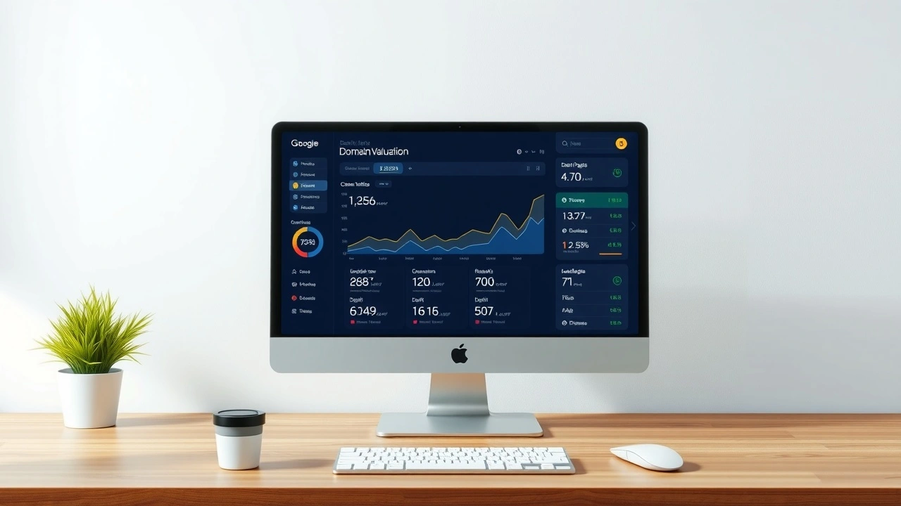 bureau avec un ordinateur affichant des métriques d'évaluation de domaine