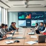 Une vue d'un bureau moderne avec des professionnels discutant de l'évaluation des noms de domaine.