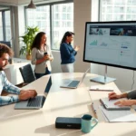 Un bureau moderne avec des professionnels achetant un nom de domaine pour leur entreprise.