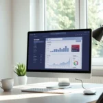Un bureau moderne et serein avec un ordinateur affichant un tableau de gestion de domaine, symbolisant la tranquillité d'esprit.