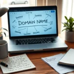 Un bureau créatif montrant la sélection d'un nom de domaine avec des objets liés au SEO.