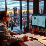 Une image d'un bureau moderne avec un professionnel examinant des noms de domaine sur un ordinateur.
