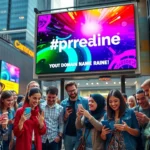 Une illustration d'une campagne marketing virale centrée sur un nom de domaine, montrant des personnes engagées et enthousiastes dans un cadre urbain.