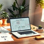 Un espace de travail créatif avec un ordinateur et des idées de noms de domaine.