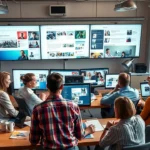 Une scène montrant une équipe au travail sur un agrégateur de contenus numérique.