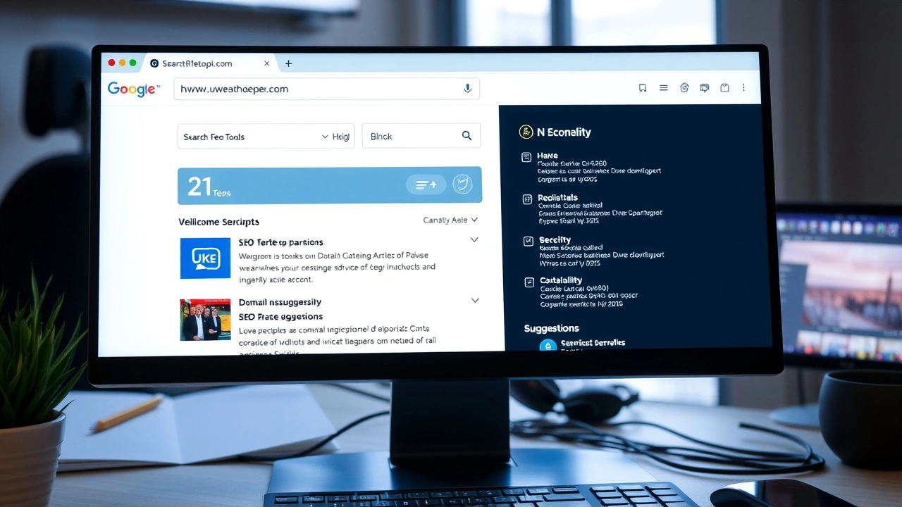 ordinateur montrant des outils SEO et des suggestions de domaines