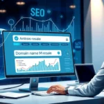 Une illustration photoréaliste montrant la revente de noms de domaine et l'impact du SEO sur leur valeur.