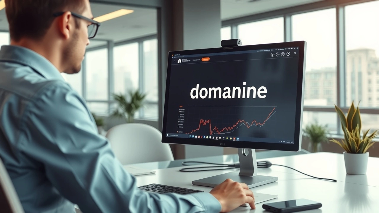 bureau moderne avec une personne analysant une valeur de domaine