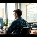 Un développeur web réfléchissant à des noms de domaine dans un bureau moderne.