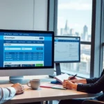 Un bureau moderne avec un ordinateur montrant un site d'enregistrement de domaine.