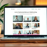 Un bureau moderne avec un ordinateur portable et un site de témoignages vidéo visible à l'écran.