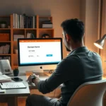 Une personne réfléchissant à un ordinateur pour choisir un nom de domaine.