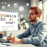 Une personne professionnelle réfléchissant à un nom de domaine dans un bureau moderne.