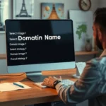 Une scène de bureau moderne illustrant le choix d'un nom de domaine pour le SEO et l'image de marque.