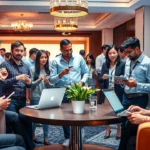 Événement de mise en réseau pour entrepreneurs et freelances avec des personnes en interaction.