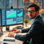 Un professionnel d'affaires utilisant des outils numériques pour gérer son nom de domaine avec succès.