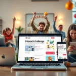 Une scène moderne illustrant le lancement d'un site de challenges interactifs sur différents appareils.