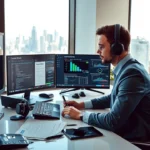 Une personne professionnelle analysant des noms de domaine dans un bureau moderne.