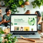 Image d'un site web écologique sur un ordinateur portable entouré de produits durables.