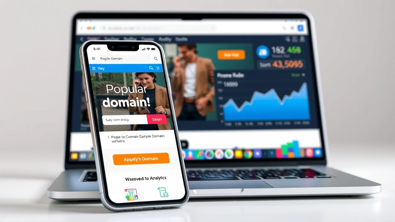 smartphone et ordinateur affichant des sites de vente de domaines