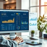 Une scène de bureau numérique moderne montrant une personne utilisant des outils innovants pour l'achat et la gestion de noms de domaine.