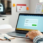 Une image illustrant un bureau moderne avec un ordinateur portable, un carnet et une tasse de café, montrant le processus d'achat d'un nom de domaine.