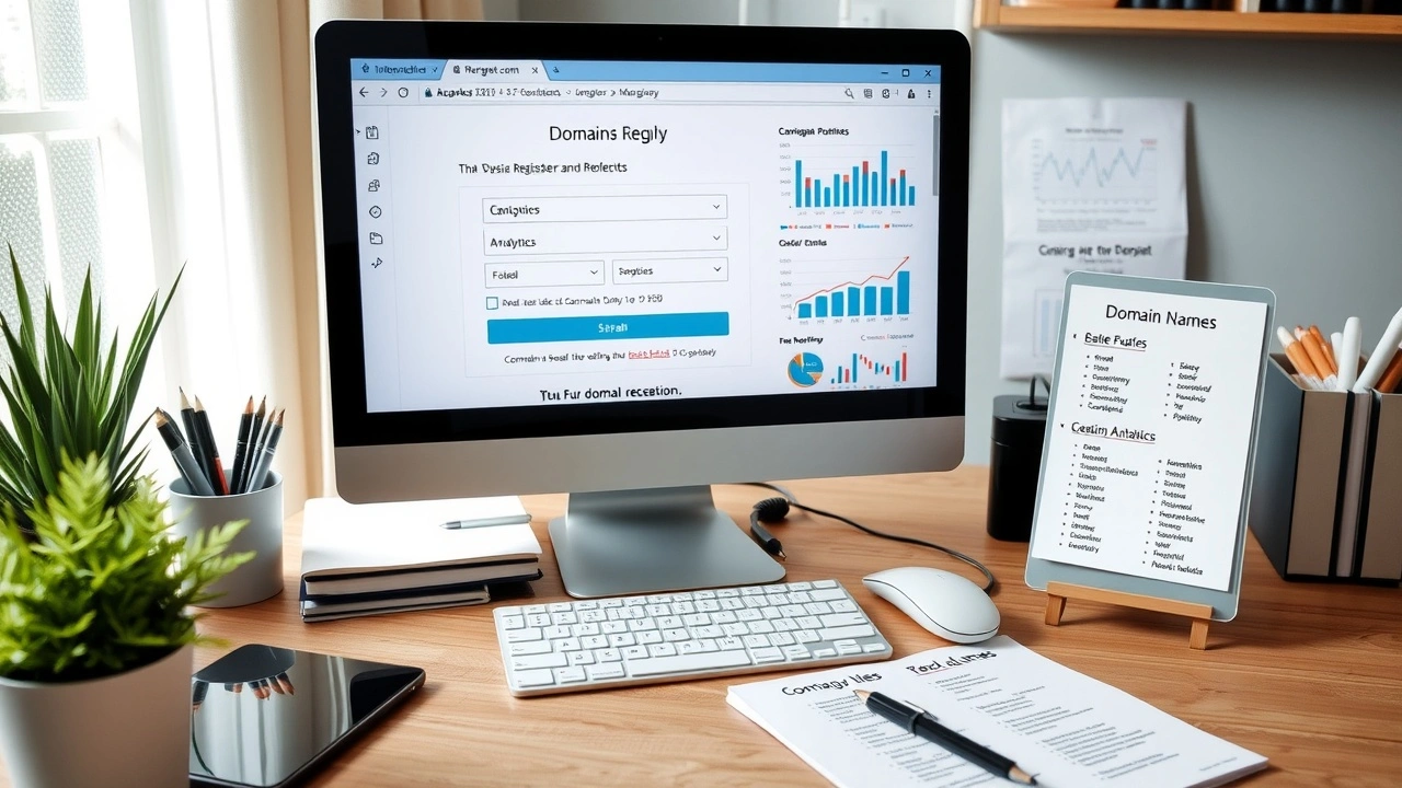 bureau avec interface de registration de domaine et graphique SEO